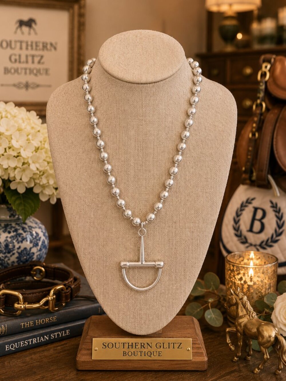 Silver Beaded Equestrian Stirrup Necklace, Horse Bit Pendant Necklace